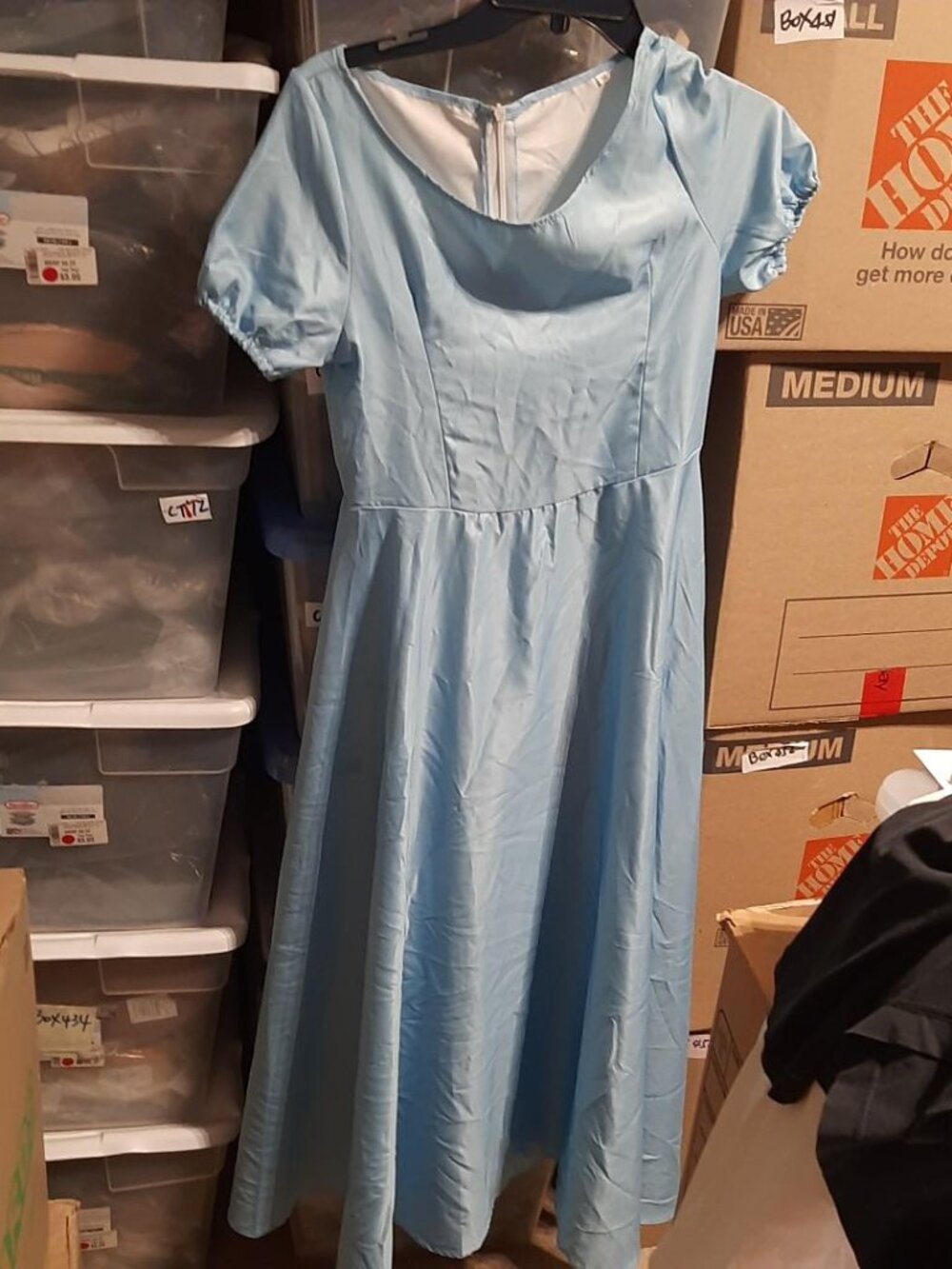 NEW ! Women Light Blue Puff Sleeve Midi Dress W Flared Skirt Size M